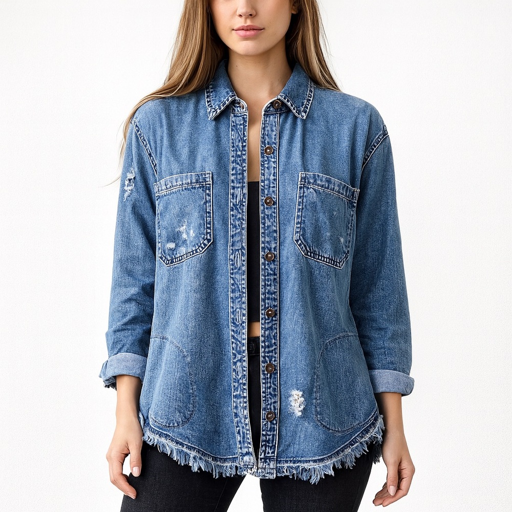 American Eagle Denim Jacket Size Medium Blue Oversized Frayed Graphic Distressed